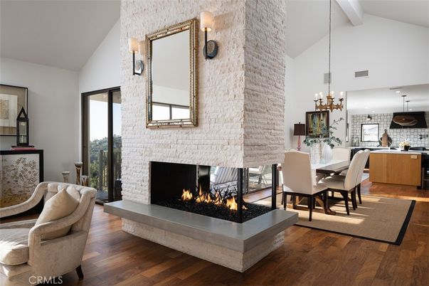 Dining room, Fireplace, Interior, Kitchen, Pendant Lights, Stone Walls, Wood Texture Flooring