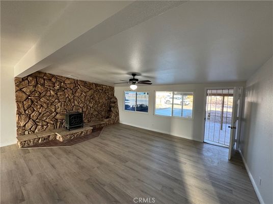 Empty room, Fireplace, Interior, Stone Walls, Wood Texture Flooring
