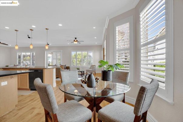 Dining room, Interior, Living room, Pendant Lights, Recessed Lighting, Wood Texture Flooring