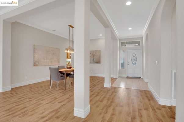 Dining room, Interior, Pendant Lights, Recessed Lighting, Wood Texture Flooring