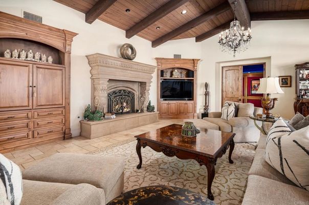 Chandelier, Fireplace, Interior, Living room, Recessed Lighting, Wooden Beams, Wooden Ceilings
