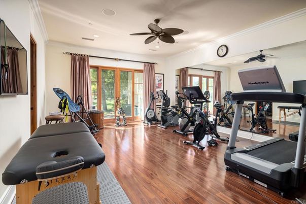 Fitness Equipment, Gym, Interior, Recessed Lighting, Wood Texture Flooring