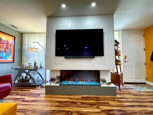 Fireplace, Interior, Recessed Lighting, Wood Texture Flooring