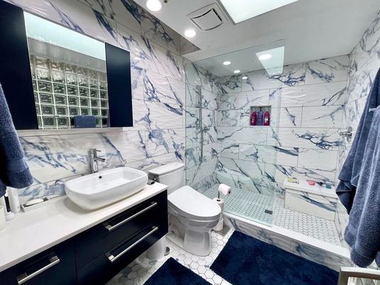 Bathroom, Glass Shower, Interior, Marble Walls, Recessed Lighting