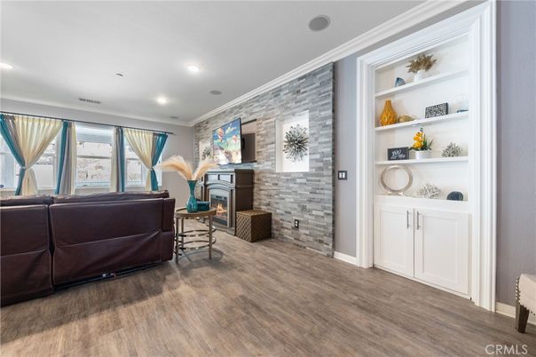 Fireplace, Interior, Recessed Lighting, Stone Walls, Wood Texture Flooring