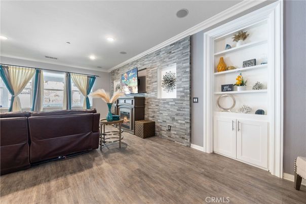 Fireplace, Interior, Recessed Lighting, Stone Walls, Wood Texture Flooring