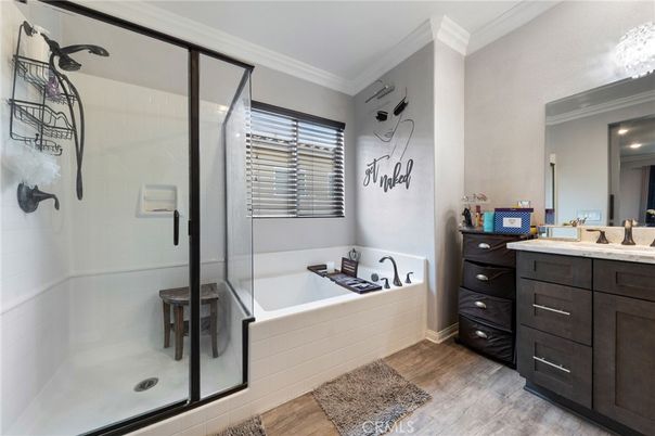 Bathroom, Glass Shower, Interior, Recessed Lighting, Wood Texture Flooring
