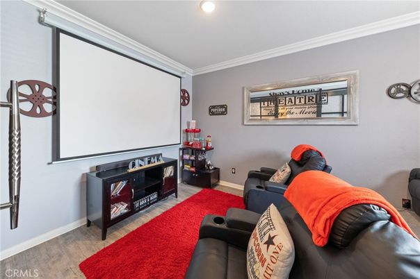 Interior, Projection Screen, Recessed Lighting, Theatre Room, Wood Texture Flooring