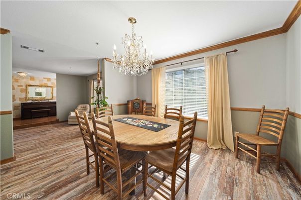 Chandelier, Dining room, Interior, Recessed Lighting, Wood Texture Flooring