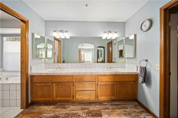 Bathroom, Dual Sink Vanities, Interior, Tile Countertops, Wood Texture Flooring