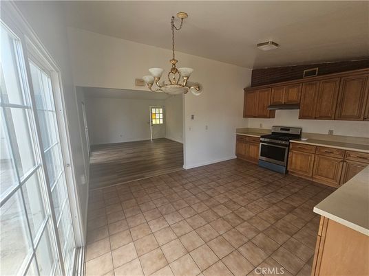 Chandelier, Empty room, Interior, Kitchen, Stainless Steel Appliances