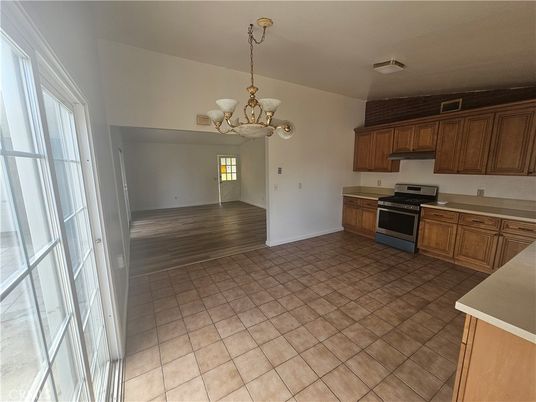 Chandelier, Empty room, Interior, Kitchen, Stainless Steel Appliances