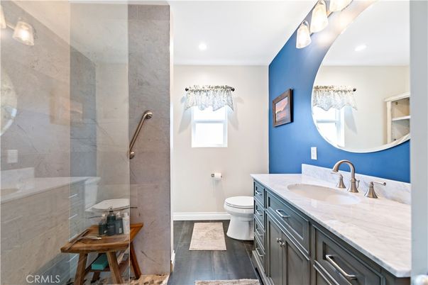 Bathroom, Glass Shower, Interior, Recessed Lighting, Wood Texture Flooring