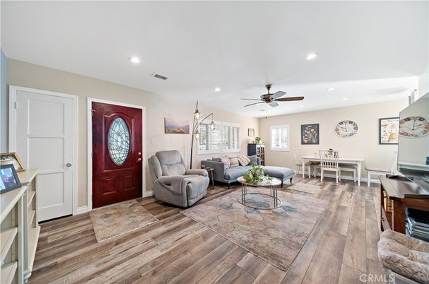 Dining room, Interior, Living room, Recessed Lighting, Wood Texture Flooring