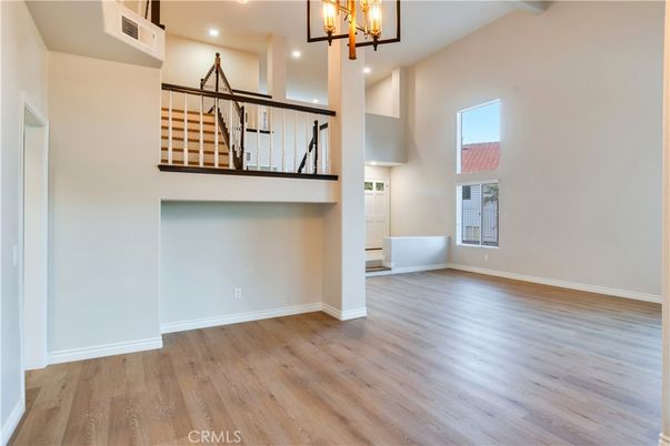 Empty room, Interior, Pendant Lights, Recessed Lighting, Wood Texture Flooring