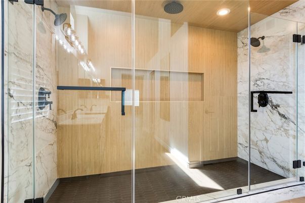 Bathroom, Glass Shower, Interior, Marble Walls, Recessed Lighting, Wooden Ceilings, Wooden Walls