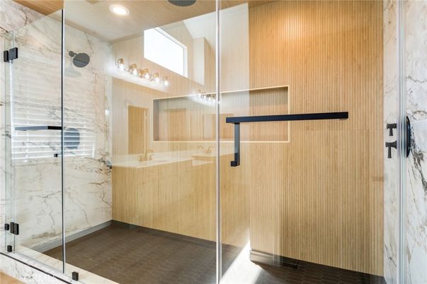 Bathroom, Glass Shower, Interior, Marble Walls, Recessed Lighting