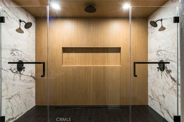 Bathroom, Glass Shower, Interior, Marble Walls, Recessed Lighting, Wooden Walls