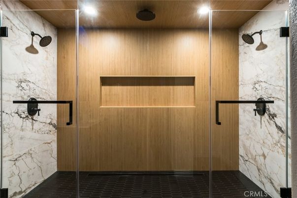 Bathroom, Glass Shower, Interior, Marble Walls, Recessed Lighting, Wooden Walls