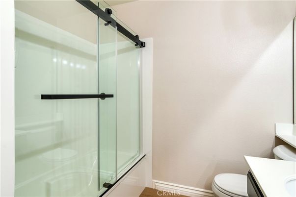 Bathroom, Glass Shower, Interior, Wood Texture Flooring