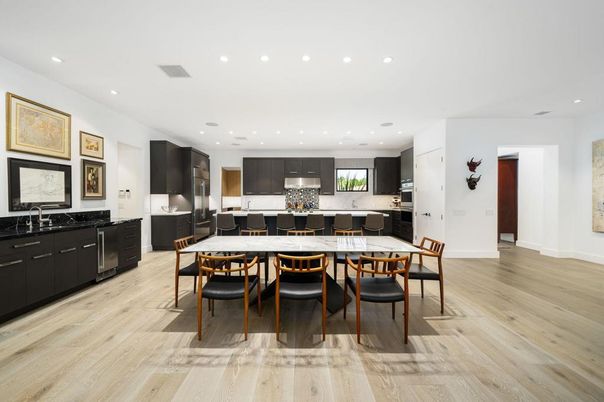 Dining room, Interior, Kitchen, Recessed Lighting, Stainless Steel Appliances, Wood Texture Flooring