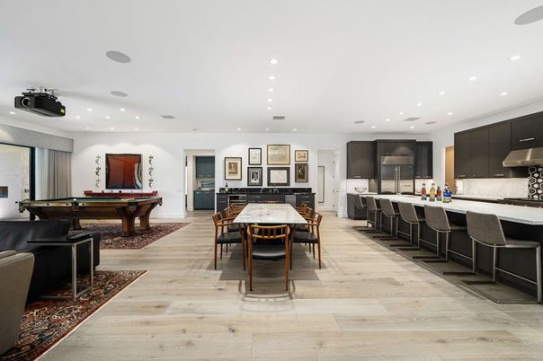 Billiard Table, Dining room, Game Room, Interior, Kitchen, Recessed Lighting, Stainless Steel Appliances, Wood Texture Flooring