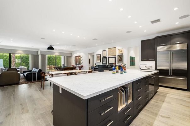 Interior, Kitchen, Living room, Recessed Lighting, Stainless Steel Appliances, Wood Texture Flooring