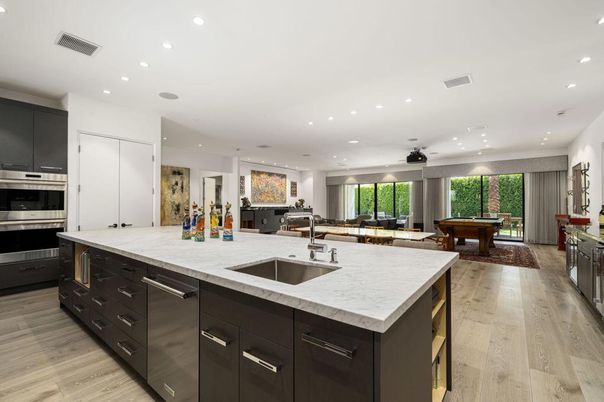 Billiard Table, Game Room, Interior, Kitchen, Recessed Lighting, Stainless Steel Appliances, Wood Texture Flooring