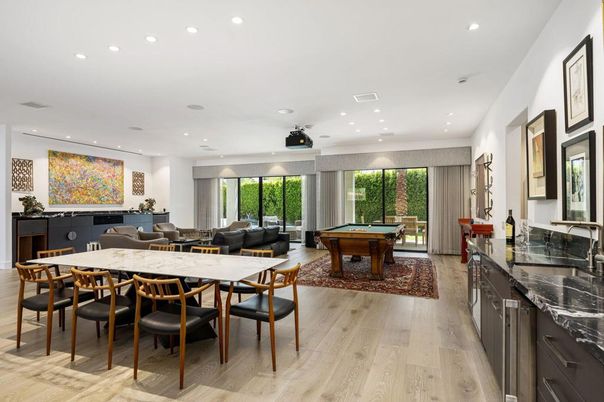 Billiard Table, Dining room, Game Room, Interior, Recessed Lighting, Wood Texture Flooring