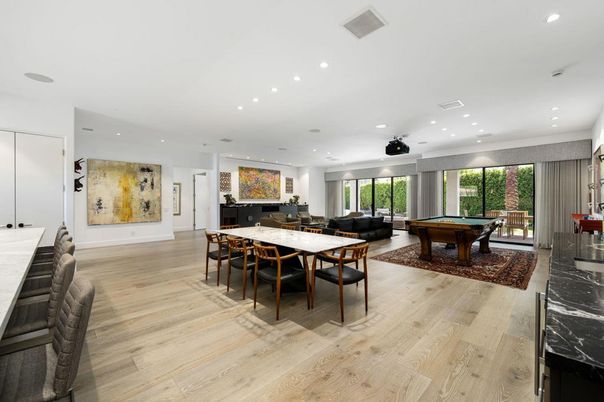 Billiard Table, Dining room, Game Room, Interior, Recessed Lighting, Wood Texture Flooring