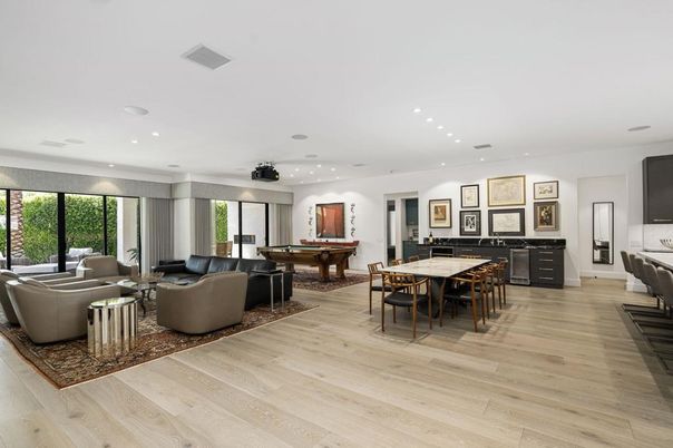 Billiard Table, Dining room, Game Room, Interior, Living room, Recessed Lighting, Wood Texture Flooring