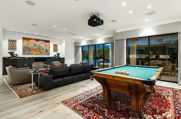 Billiard Table, Game Room, Interior, Living room, Projection Screen, Recessed Lighting, Wood Texture Flooring