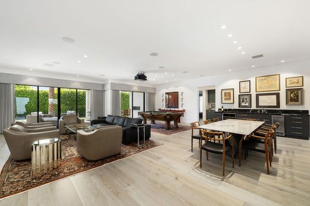 Billiard Table, Dining room, Game Room, Interior, Living room, Recessed Lighting, Wood Texture Flooring