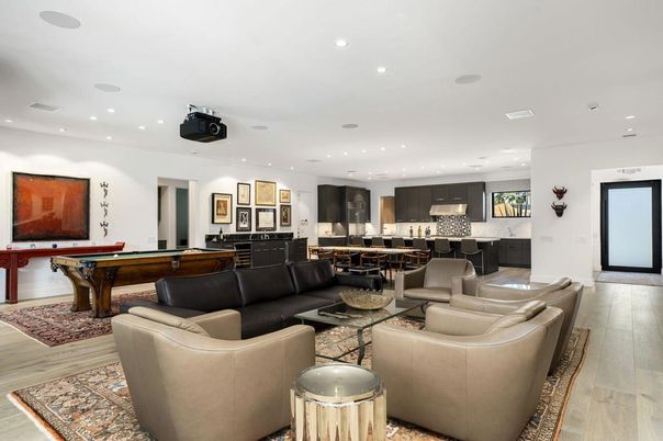 Billiard Table, Dining room, Game Room, Interior, Kitchen, Living room, Recessed Lighting, Wood Texture Flooring
