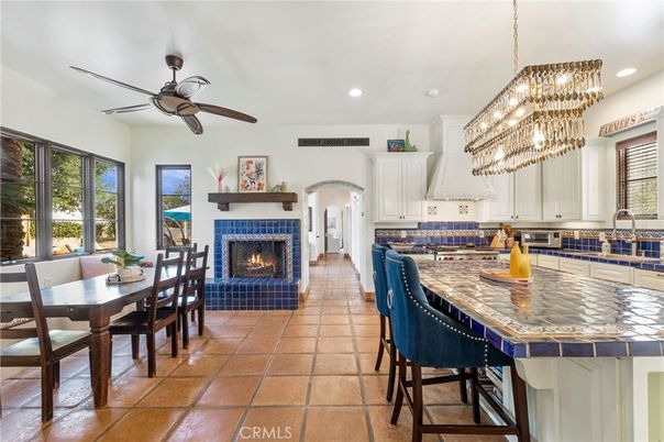 Chandelier, Dining room, Fireplace, Interior, Kitchen, Recessed Lighting