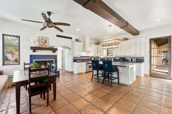 Chandelier, Dining room, Fireplace, Interior, Kitchen, Recessed Lighting, Wooden Beams