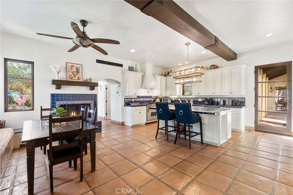 Chandelier, Dining room, Fireplace, Interior, Kitchen, Recessed Lighting, Wooden Beams