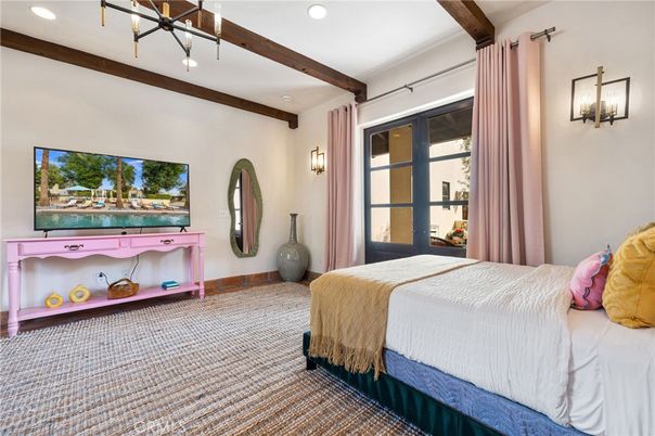 Bedroom, Interior, Pendant Lights, Recessed Lighting, Wooden Beams
