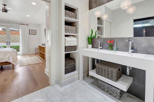 Bathroom, Dual Sink Vanities, Interior, Recessed Lighting, Wood Texture Flooring