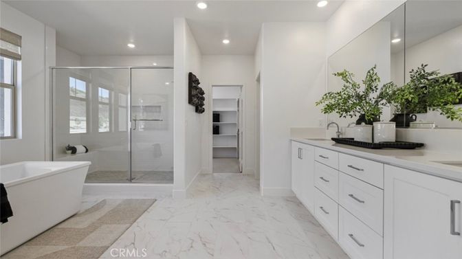 Bathroom, Dual Sink Vanities, Free Standing Baths, Glass Shower, Interior, Marble, Recessed Lighting