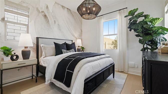 Bedroom, Interior, Pendant Lights, Wood Texture Flooring