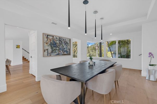 Dining room, Interior, Pendant Lights, Recessed Lighting, Wood Texture Flooring