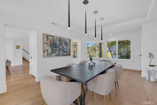 Dining room, Interior, Pendant Lights, Recessed Lighting, Wood Texture Flooring