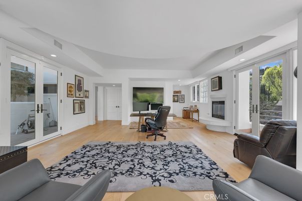 Fireplace, Home Office, Interior, Recessed Lighting, Wood Texture Flooring