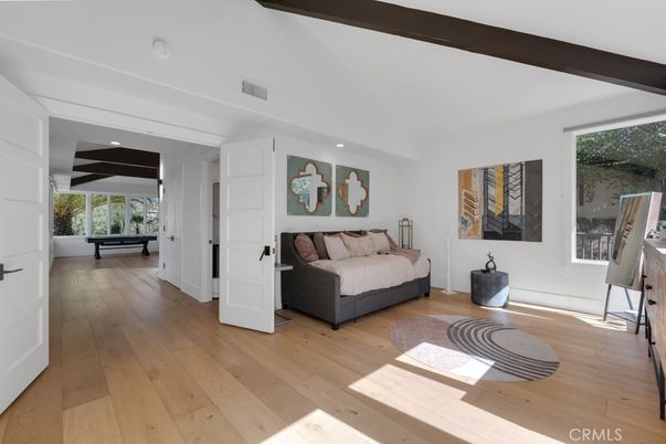 Bedroom, Interior, Recessed Lighting, Wooden Beams, Wood Texture Flooring