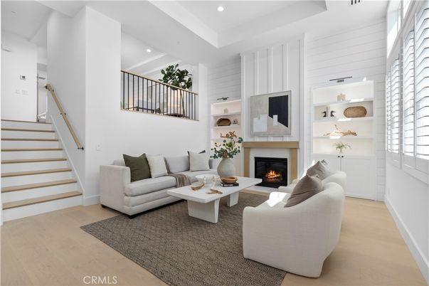 Fireplace, Interior, Living room, Recessed Lighting, Wood Texture Flooring