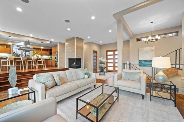 Chandelier, Dining room, Fireplace, Interior, Kitchen, Living room, Pendant Lights, Recessed Lighting, Wood Texture Flooring