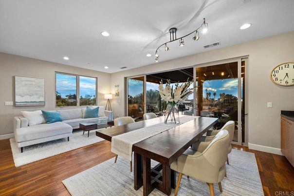 Dining room, Interior, Living room, Recessed Lighting, Wood Texture Flooring