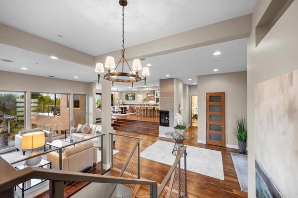 Chandelier, Dining room, Fireplace, Interior, Living room, Recessed Lighting, Wood Texture Flooring