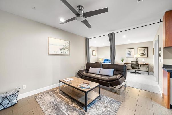 Home Office, Interior, Living room, Recessed Lighting, Wood Texture Flooring